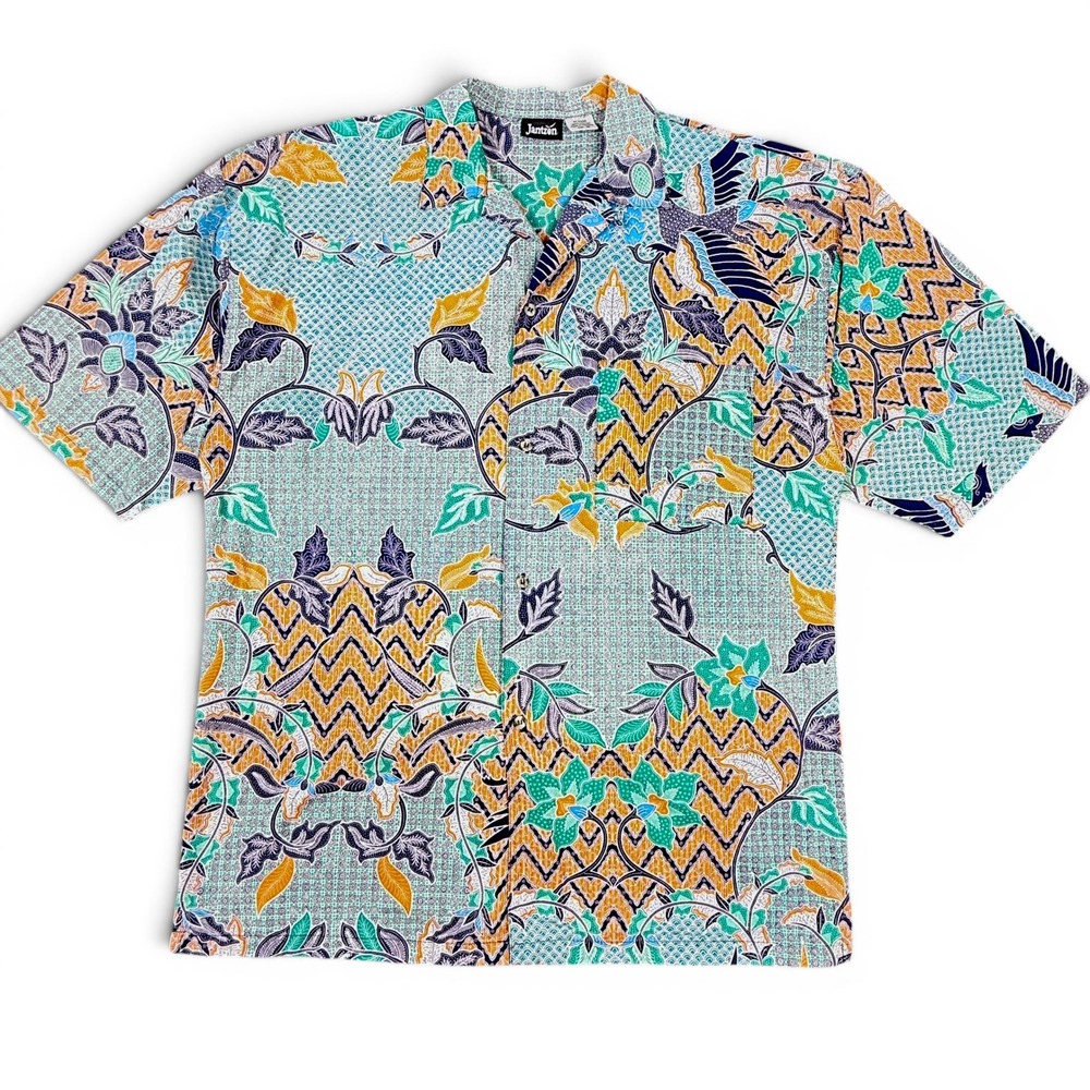 Jantzen Vintage Camp Shirt Mens M S/S Hawaiian Blue Batik Tropical Paisley Aloha